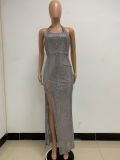 Women Sleeveless Halter Neck Backless Sequin Slit Evening Dress