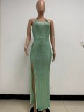 Women Sleeveless Halter Neck Backless Sequin Slit Evening Dress
