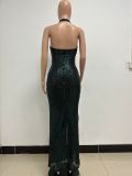 Women Sleeveless Halter Neck Backless Sequin Slit Evening Dress