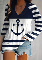 Women Casual Printed V-Neck Striped Long Sleeve T-Shirt