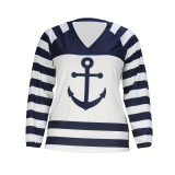 Women Casual Printed V-Neck Striped Long Sleeve T-Shirt