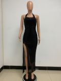 Women Sleeveless Halter Neck Backless Sequin Slit Evening Dress