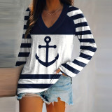 Women Casual Printed V-Neck Striped Long Sleeve T-Shirt