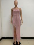Women Sleeveless Halter Neck Backless Sequin Slit Evening Dress