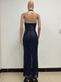 Women Sleeveless Halter Neck Backless Sequin Slit Evening Dress