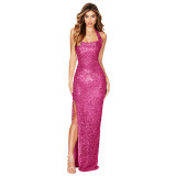 Women Sleeveless Halter Neck Backless Sequin Slit Evening Dress