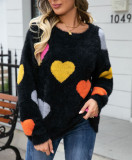 Women Round Neck Basic Heart Print Sweater