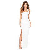 Women Sleeveless Halter Neck Backless Sequin Slit Evening Dress