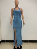Women Sleeveless Halter Neck Backless Sequin Slit Evening Dress
