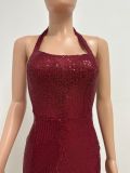 Women Sleeveless Halter Neck Backless Sequin Slit Evening Dress