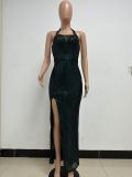 Women Sleeveless Halter Neck Backless Sequin Slit Evening Dress