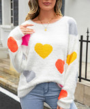 Women Round Neck Basic Heart Print Sweater