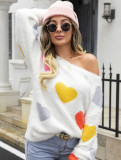 Women Round Neck Basic Heart Print Sweater