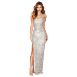 Women Sleeveless Halter Neck Backless Sequin Slit Evening Dress