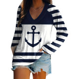 Women Casual Printed V-Neck Striped Long Sleeve T-Shirt