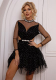 Fashion Sexy Polka Dot Rhinestone Black Sexy Mesh Slim Waist Party Dress