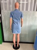 Sexy Turndown Collar Short Sleeve Button Up Fit Denim Dress