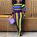 Plus Size Women's Fall Round Neck Long Sleeve Stripe Two Piece Pants Set