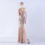 Fur Strapless Sexy Sequins Slit Evening Dress