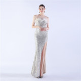 Fur Strapless Sexy Sequins Slit Evening Dress
