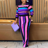 Plus Size Women's Fall Round Neck Long Sleeve Stripe Two Piece Pants Set