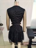 Fashion Sexy Polka Dot Rhinestone Black Sexy Mesh Slim Waist Party Dress