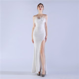 Fur Strapless Sexy Sequins Slit Evening Dress