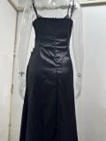 Spring Strapless Gathered Slit Satin Dress Sexy Slim Bodycon Dress