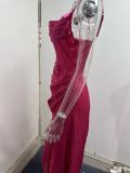 Spring Strapless Gathered Slit Satin Dress Sexy Slim Bodycon Dress