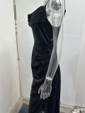 Spring Strapless Gathered Slit Satin Dress Sexy Slim Bodycon Dress