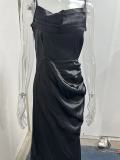 Spring Strapless Gathered Slit Satin Dress Sexy Slim Bodycon Dress