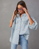 Women Autumn Rivets Turndown Collar Beard Denim Jacket