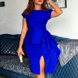 Plus Size Women Round Neck Solid Short Sleeve Slit Dress