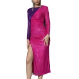 Women Sexy Sequin Patchwork Long Sleeve Slit Dress