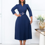 Women Autumn V-neck Elegant Pleated Dress