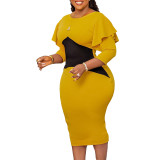 Plus Size African Ladies Color Block Long Sleeve Dress