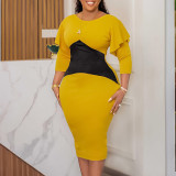 Plus Size African Ladies Color Block Long Sleeve Dress