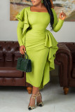 Womens Solid Square Neck Ruched Long Sleeve Dress