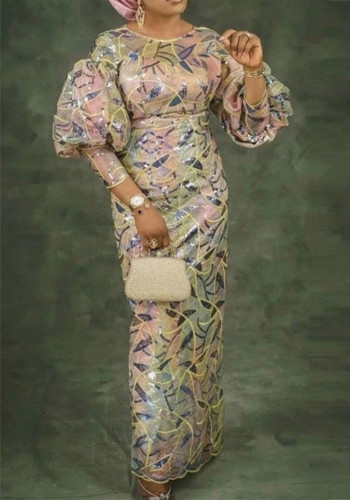 Women Round Neck Sequin High Waist Puff Sleeve Dress