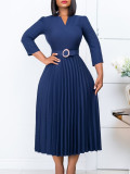 Women Autumn V-neck Elegant Pleated Dress