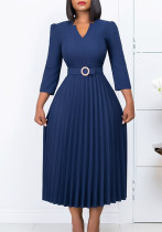 Women Autumn V-neck Elegant Pleated Dress Women Autumn V-neck Elegant Pleated Dress