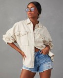 Women Autumn Rivets Turndown Collar Beard Denim Jacket