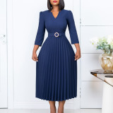 Women Autumn V-neck Elegant Pleated Dress