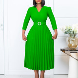Women Autumn V-neck Elegant Pleated Dress