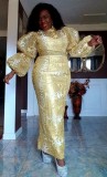 Women Round Neck Puff Sleeve Maxi Dress