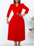Women Autumn V-neck Elegant Pleated Dress