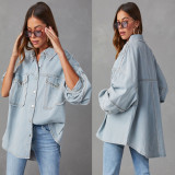 Women Autumn Rivets Turndown Collar Beard Denim Jacket