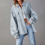 Women Autumn Rivets Turndown Collar Beard Denim Jacket