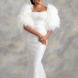 Women U-Neck Sequin Feather Sleeve Evening Dress