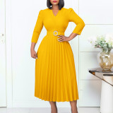 Women Autumn V-neck Elegant Pleated Dress